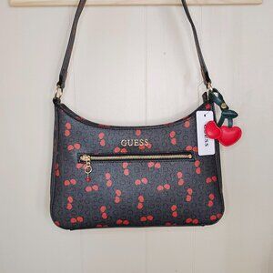 GUESS Monogram and Cherry Design Shoulder Bag w/ Cherry Charm & Zipper